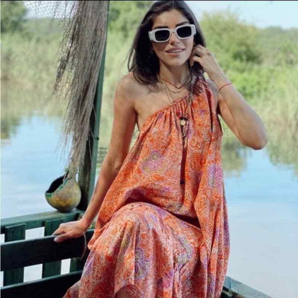 Zara paisley print one shoulder asymmetric maxi dress size L